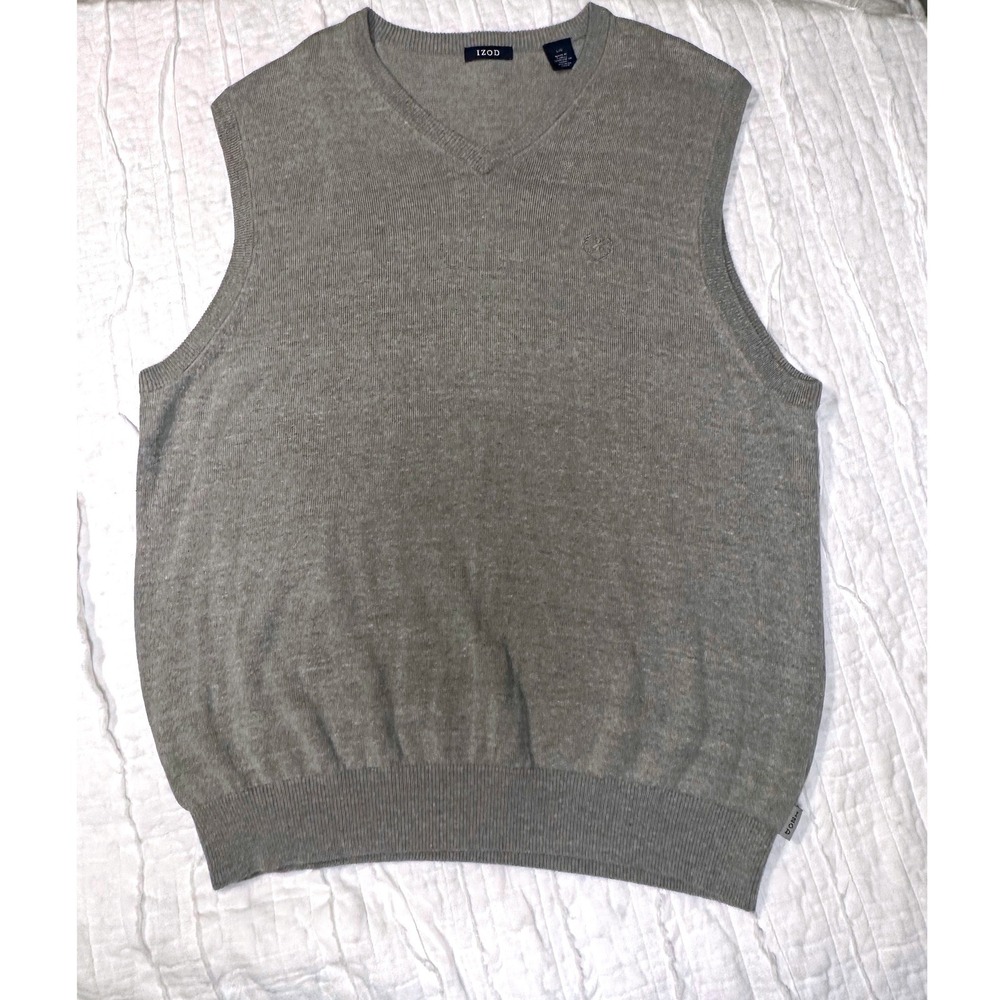 Vintage 90s IZOD Mens Heather Gray V-Neck Knit Sweater Vest Size L Preppy